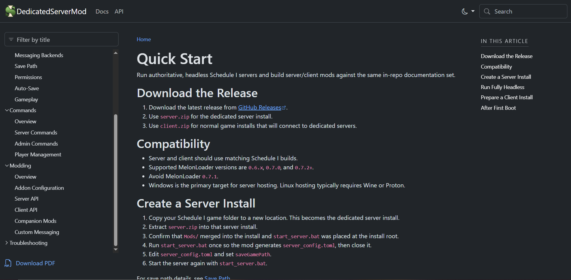 S1DedicatedServers documentation site showing setup, configuration, and developer guides