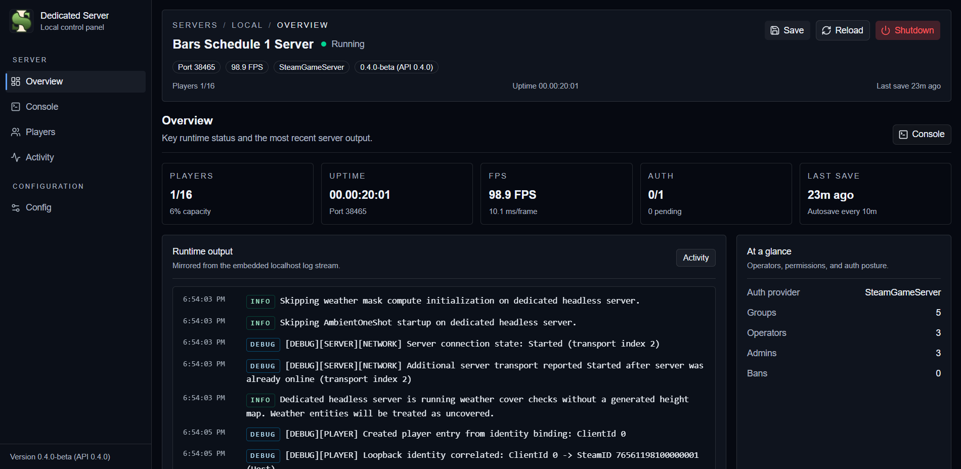S1DedicatedServers web panel showing dedicated server controls and live status